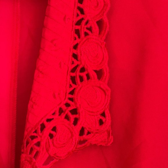 Vintage Paris Red Silky Open Blouse Sheer Plunging Neckline Embroidered Collar S - Picture 7 of 10